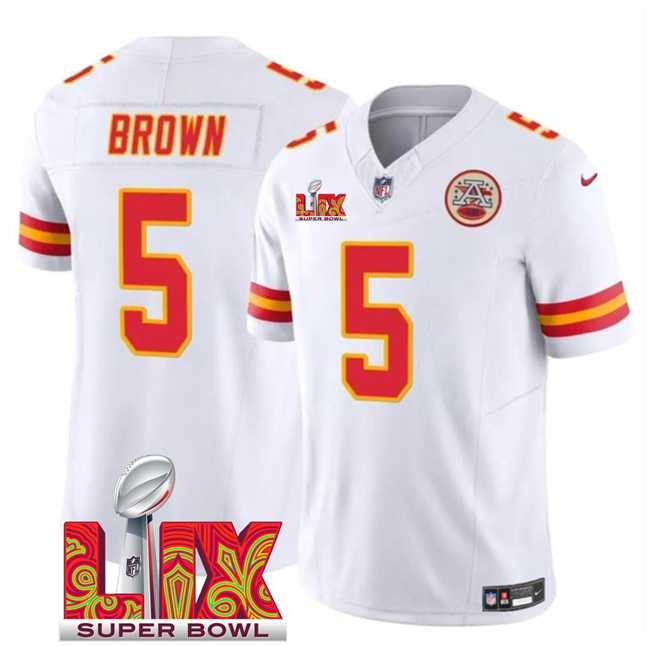 Men & Women & Youth Kansas City Chiefs #5 Hollywood Brown White 2025 Super Bowl LIX Patch F.U.S.E. Vapor Limited Stitched Jersey